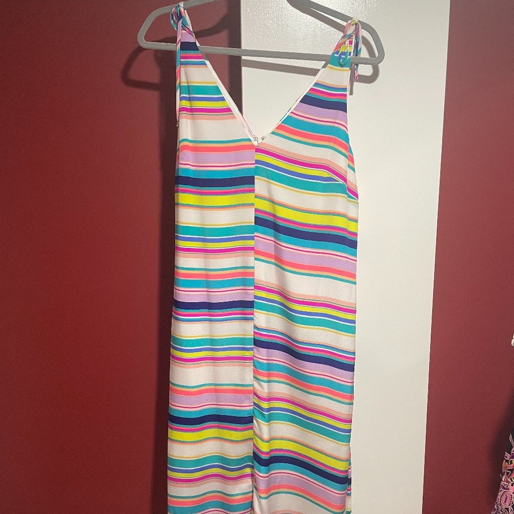 Alice & Trixie Multi Striped Midi Dress Tie Straps and Self Belt Size L (NWT)